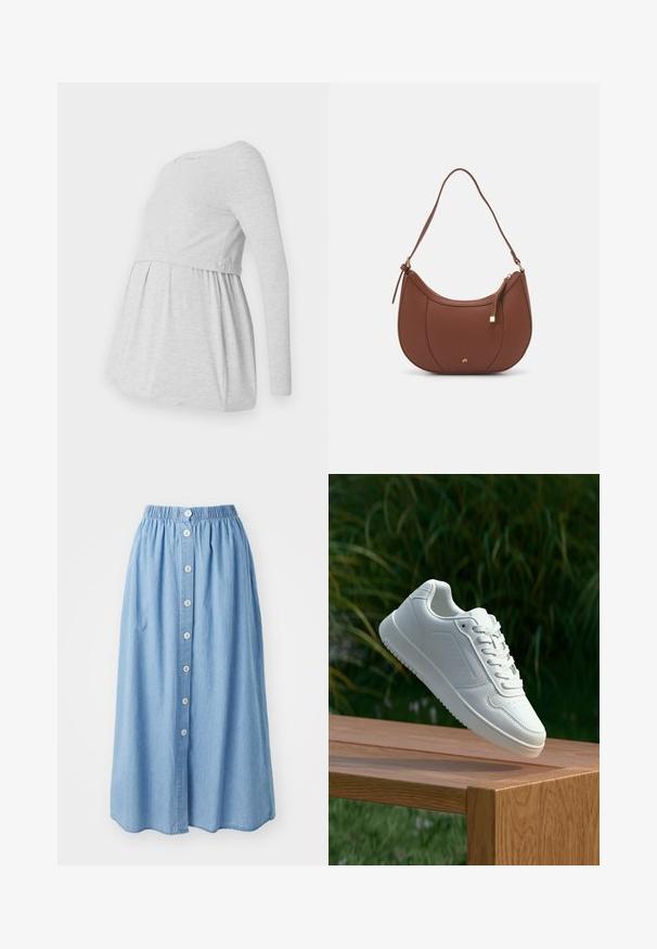 Light gray long-sleeve maternity top with a round neckline, flowing A-line design, and gathered fabric below the bust for comfort.; Light blue denim skirt with an elasticated waistband and a row of six buttons down the front. Knee-length with a loose, flowing design.; White sneaker with a smooth synthetic upper, perforated toe box, flat laces, and a textured sole, displayed on a wooden surface.; Brown faux leather shoulder bag with curved shape, minimal stitching, and a gold-tone hardware accent. Features a top zipper closure and adjustable strap.