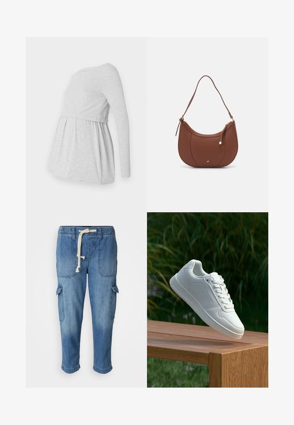 Šviesiai pilka ilgomis rankovėmis motinystės nolona su apvalia iškirpte, laisvai krintančiu A formos dizainu ir susiraukšlėjusia medžiaga po krūtine patogumui.; Mėlynos džinsinės cargo kelnės su raišteliu apjuosimui, šoninėmis kišenėmis ir sukeltomis rankovėmis, pasižyminčios minkštu, tekstūruotu paviršiumi.; Balti sneakeriai su lygia sintetine viršutine dalimi, perforuota pirštų zona, plokščiomis raištelėmis ir tekstūruotu padu, padėti ant medinės paviršiaus.; Ruda dirbtinės odos petinė piniginė su kreiva forma, minimalia siuvimo linija ir auksinės spalvos įranga. Yra užtrauktuko uždarymas viršuje ir reguliuojama petneša.