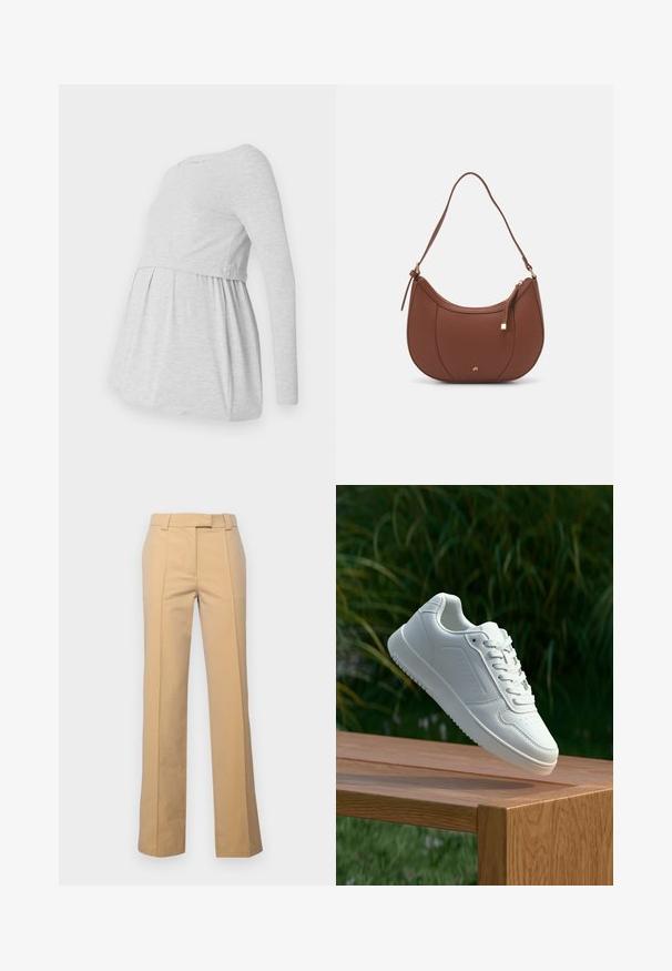 Svetlo siva dolga majica za nosečnice z okroglim izrezom, prelivajočim A-linijskim dizajnom in zbranim materialom pod prsmi za udobje.; Beige hlače po meri iz mešanice bombaža z ravnim krojem, opremljene s sprednjimi naborki in stranskimi žepi.; Bela teniska s gladkim sintetičnim zgornjim delom, perforiranim prednjim delom, ravnimi vezalkami in teksturiranim podplatom, prikazana na leseni površini.; Rjava usnjena torbica z ramenskim ročajem, ukrivljene oblike, minimalnim šivom in zlato-tonirano kovinsko dekoracijo. Ima zgornje zapiranje na zadrgo in nastavljiv trak.; Srebrne obročaste uhane z gladko, sijočo površino. Zaobljena oblika, lahka zasnova, z zapiranjem na zatič.