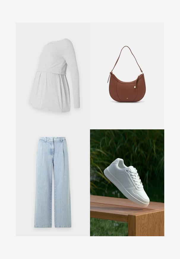 Světle šedá těhotenská halenka s dlouhým rukávem, kulatým výstřihem, volným A-liniovým designem a nařaseným materiálem pod prsy pro pohodlí.; Světle modré denimové široké kalhoty s puky, elastickým pasem a vybledlým vzhledem. Mají rovný střih a zakončené nohavice.; Bílé tenisky s hladkým syntetickým svrškem, perforovanou špičkou, plochými tkaničkami a texturovanou podrážkou, vystavené na dřevěném povrchu.; Hnědá kabelka přes rameno z umělé kůže s zakřiveným tvarem, minimálním prošíváním a zlatým kovovým akcentem. Disponuje vrchním zipovým uzavíráním a nastavitelným popruhem.