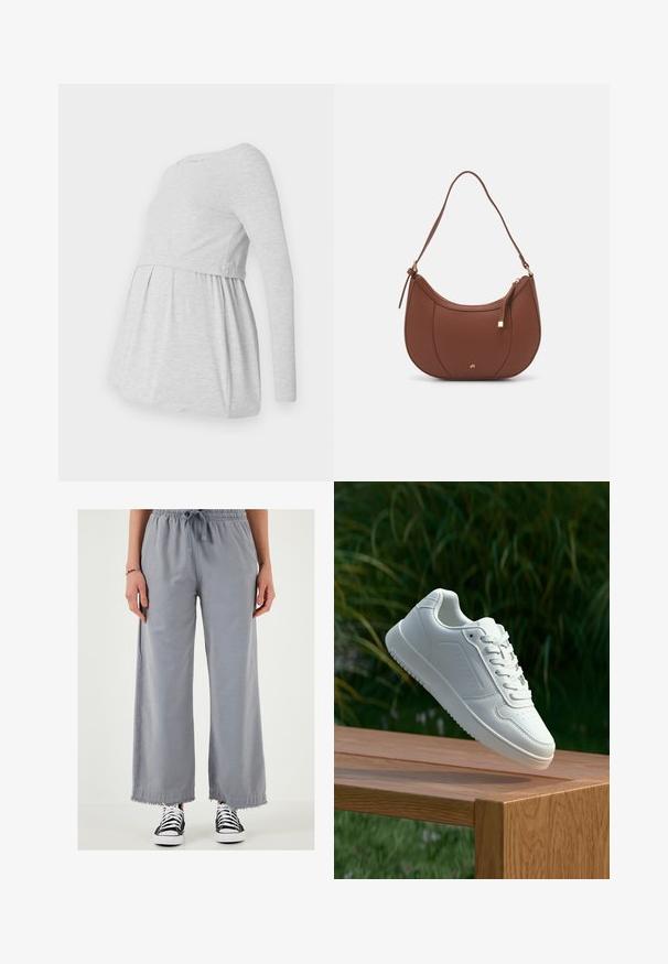 Tunique de maternité gris clair à manches longues avec un col rond, un design fluide en A et un tissu froncé sous la poitrine pour le confort.; Pantalons gris à jambes larges avec une taille à cordon et un ourlet effiloché, en tissu léger. Portés avec des baskets noir et blanc.; Sneakers blanches avec une tige synthétique lisse, un avant perforé, des lacets plats et une semelle texturée, présentées sur une surface en bois.; Sac à épaule en faux cuir brun, de forme arrondie, avec des coutures minimales et un accent en matériel doré. Il possède une fermeture zippée sur le dessus et une sangle réglable.