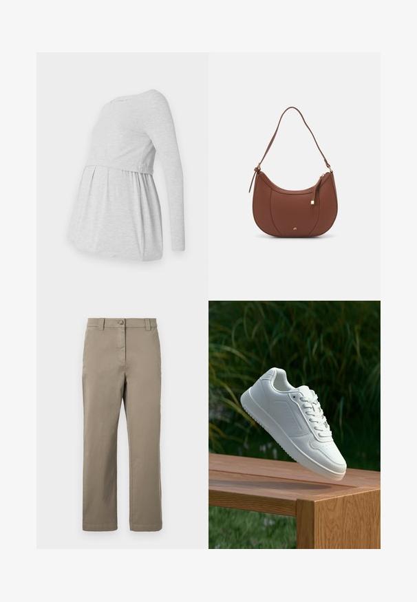 Lys grå langærmet graviditetstop med rund halsudskæring, flydende A-linje design og samlet stof under brystet for komfort.; Khaki bomulds chinos med lige ben-design, der har en frontknap, sidelommer og en glat tekstur. Ingen synlige mønstre eller accenter.; Hvid sneaker med en glat syntetisk overdel, perforeret tåboks, flade snørebånd og en tekstureret sål, præsenteret på en træoverflade.; Brun faux læder skuldertaske med buet form, minimal syning og en guldtonet hardwaredetalje. Har en top lynlåslukning og justerbar rem.