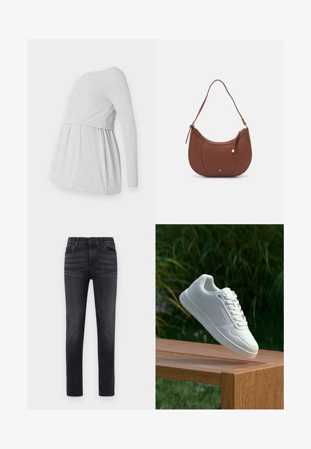 Light gray long-sleeve maternity top with a round neckline, flowing A-line design, and gathered fabric below the bust for comfort.; Black denim jeans with a straight cut. Feature five pockets, button fly, and belt loops. The fabric has a smooth texture and slight stretch.; White sneaker with a smooth synthetic upper, perforated toe box, flat laces, and a textured sole, displayed on a wooden surface.; Brown faux leather shoulder bag with curved shape, minimal stitching, and a gold-tone hardware accent. Features a top zipper closure and adjustable strap.