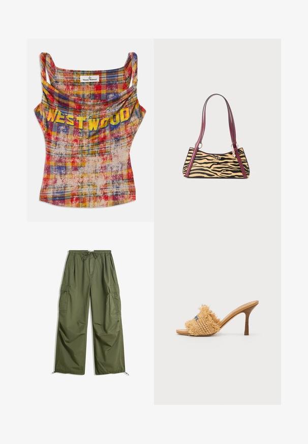 Kortgeknipte, geruite tanktop in levendig rood, geel en blauw. Beschikt over een gedrapeerde halslijn en "WESTWOOD"-tekst in vetgeel. Zachte, gestructureerde stof.; Olijfgroene cargo broeken met elastische tailleband, trekkoord, zijflapzakken en verstelbare broekspijpen plat gelegd op een witte achtergrond.; Geweven strohakken sandaal in tan met franjes en blauwe accenten, met een afgeronde open teen en een taps toelopende stiletto hak.; Kleine handtas met tijgerprint, bordeauxkleurige leren handvatten, goudkleurig Guess-logo en een bedel die aan de riemring hangt.