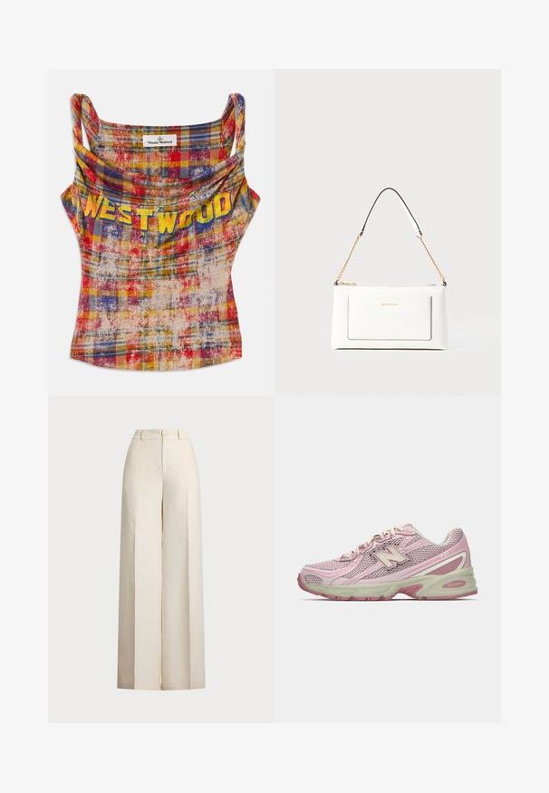 Lühendatud, ruuduline top erksas punases, kollases ja sinises. Omab langevat kaelust ja julgeid kollaseid "WESTWOOD" tekste. Pehme, tekstuuriga kangas.; Beez värvi laiad püksid, mis on valmistatud kerge kangaga. Omavad kõrget värvust, nööbilukku ja kahte esist taskut puhta viimistlusega.; Roosa ja beež New Balance 740 sneaker, millel on võrkkattega ja sünteetilisest materjalist ülemine osa, paelaga kinnitus ja pehme tallaga, kujutatud külgprofilis.; Valge nahast kott tekstureeritud viimistlusega, millel on kuldne kettling ja mustad aktsendid. Include eesmine tasku ja tõmblukk.