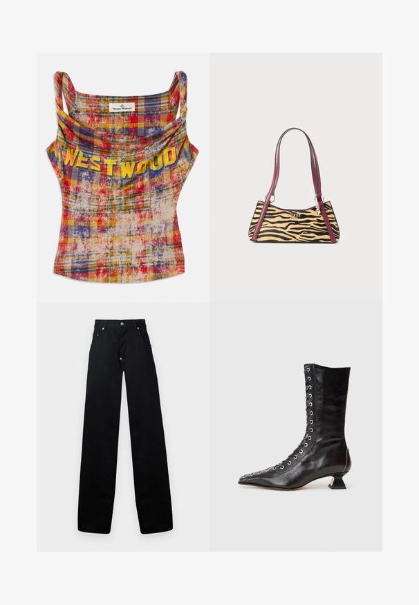 Kortgeknipte, geruite tanktop in levendig rood, geel en blauw. Beschikt over een gedrapeerde halslijn en "WESTWOOD"-tekst in vetgeel. Zachte, gestructureerde stof.; Zwarte wijde broek van katoen, voorzien van een rits, twee voorkruiszakken en een klassiek vijf-pocketontwerp met metalen hardware accenten.; Zwarte leren enkelboot met spitse neus, voorlacing, metalen oogjes, lage blokhak en een strakke uitstraling. Gladde textuur, moderne silhouette.; Kleine handtas met tijgerprint, bordeauxkleurige leren handvatten, goudkleurig Guess-logo en een bedel die aan de riemring hangt.