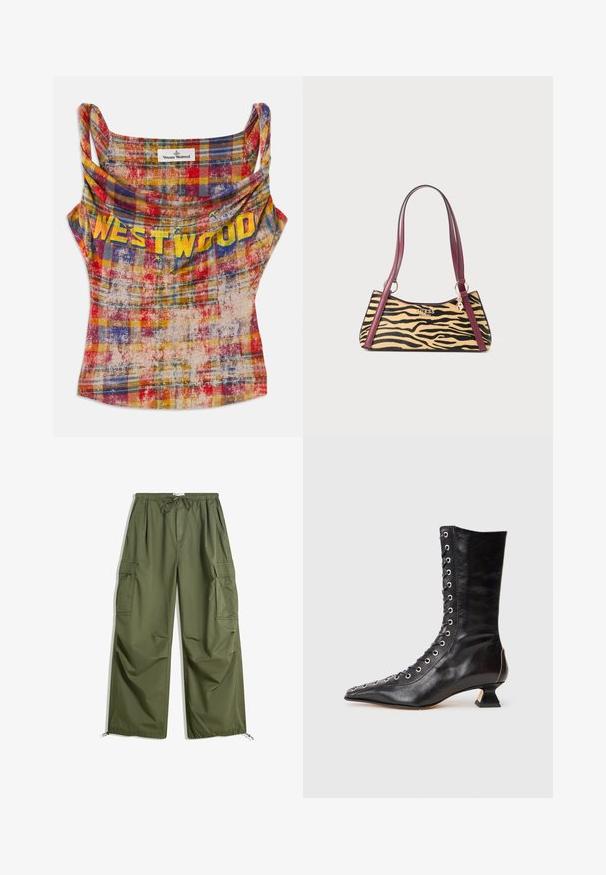 Kortgeknipte, geruite tanktop in levendig rood, geel en blauw. Beschikt over een gedrapeerde halslijn en "WESTWOOD"-tekst in vetgeel. Zachte, gestructureerde stof.; Olijfgroene cargo broeken met elastische tailleband, trekkoord, zijflapzakken en verstelbare broekspijpen plat gelegd op een witte achtergrond.; Zwarte leren enkelboot met spitse neus, voorlacing, metalen oogjes, lage blokhak en een strakke uitstraling. Gladde textuur, moderne silhouette.; Kleine handtas met tijgerprint, bordeauxkleurige leren handvatten, goudkleurig Guess-logo en een bedel die aan de riemring hangt.