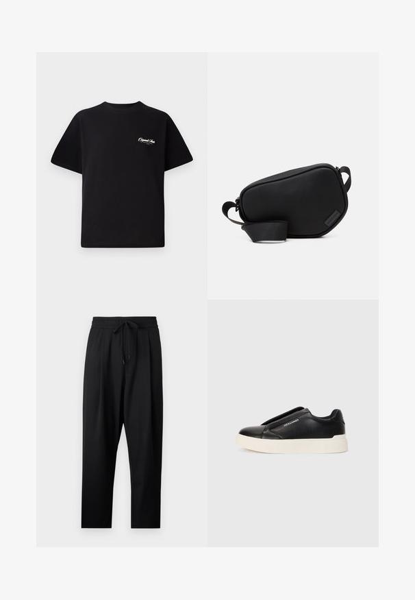 T-shirt en coton noir avec col rond, manches courtes et petit texte logo blanc sur la poitrine gauche. Conception simple, coupe classique.; Pantalons noirs légers avec une coupe décontractée. Dotés d'une taille élastique avec cordon de serrage ajustable et de poches latérales. Texture lisse.; Baskets noires à enfiler avec un dessus en cuir texturé, semelle en caoutchouc blanche et sans lacets visibles. Présente le logo de la marque sur le côté.; Sac en bandoulière noir, zippé, en matériau lisse, avec une forme plate, une seule sangle et un petit logo en accent. Design minimaliste.