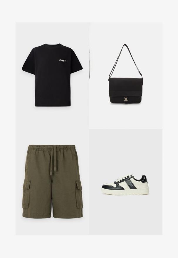 Svart bomull t-skjorte med rund hals, korte ermer og liten hvit logo-tekst på venstre bryst. Enkel design, klassisk passform.; Kaki cargo shorts med elastisk midje, snøring og to sidelommer. Stoffet er lett og har en lett teksturert overflate.; Lædersneakers med sort og creme farveskema, der har perforerede detaljer, en polstret krave og en struktureret ydersål.; Svart budveske laget av glatt materiale, med en klaff som kan legges over, sølvfarget spenne og en justerbar skulderrem.