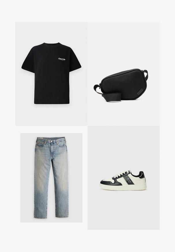 Černé bavlněné tričko s kulatým výstřihem, krátkými rukávy a malým bílým logem na levé straně hrudi. Jednoduchý design, klasický střih.; Světle modré denimové džíny se střihem rovného nohavice, pěti kapsami a viditelným švem. Oblečení s bledými detaily a mosazným kováním.; Kožené tenisky s černobílou barevnou kombinací, které mají perforované detaily, polstrovaný límec a texturovanou podrážku.; Černá crossbody taška se zipem, vyrobená z hladkého materiálu, s plochým tvarem, jedním popruhem a malým logem. Minimalistický design.