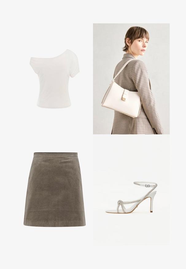 Biela tričko s odhalenými ramenami vyrobené z jemného, ľahkého materiálu. Krátke rukávy, priliehavý strih a detail srolovaného lemu. Hladká textúra.; Khaki korduroy mini sukňa so štíhlym strihom, hladkou textúrou a jednoduchým pásom, so vertikálnymi ribovanými líniami po celej ploche.; Biele sandále na vysokom opätku s textúrovaným pásikom zdobeným kamienkami, otvorenou špičkou a popruhom okolo členka s nastaviteľnou prackou.; Biely kožený kabelka so štruktúrovaným dizajnom, s magnetickým uzáverom a ramenným popruhom, vystavená na neutrálnom pozadí.