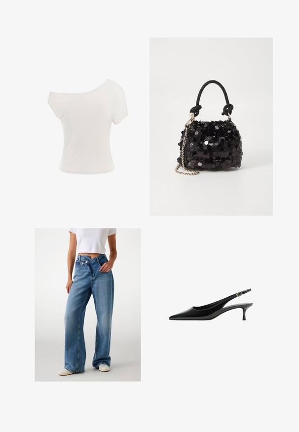 Tricou alb, fără umeri, realizat dintr-un material moale și ușor. Mâneci scurte, formă ajustată și detalii cu margini rulate. Textură netedă.; Jeans din denim decolorat, cu croială largă, talie înaltă, dotate cu două nasturi, având o formă relaxată până la margine, asortate cu adidași albi.; Pantofi cu toc slingback negri din patent, cu vârf ascuțit, toc subțire și accent cu cataramă pe curea. Textură netedă și design elegant.; Geantă mini neagră cu paiete, cu un umar texturat înnodat și un lanț argintiu. Formă rotundă cu partea de sus adunată și detalii reflectorizante.