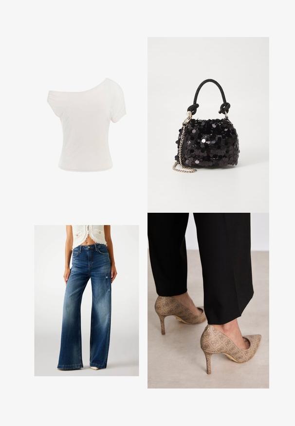 T-shirt blanc à épaules dénudées en tissu léger et doux. Manches courtes, coupe ajustée et détail d'ourlet roulé. Texture lisse.; Jean en denim bleu foncé à jambe large, avec des détails déchirés, taille normale et effets de décoloration légère. Design traditionnel à cinq poches, fermeture à bouton.; Chaussures à talons hauts beiges en tissu texturé avec un motif répétitif. Design à bout pointu avec un accent à l'arrière et détail de talon doré.; Mini sac à main en sequins noirs avec une bandoulière texturée nouée et une chaîne argentée. Forme arrondie avec un haut froncé et des détails réfléchissants.