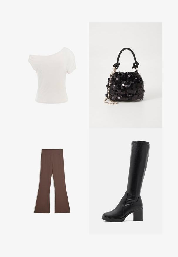 Bijela majica s otvorenim ramenima od mekanog, laganog materijala. Kratki rukavi, prilagođen oblik i porub s uvijenim detaljem. Glatka tekstura.; Smeđe hlače visokog struka sa uskim gornjim dijelom nogavica i raskošnom donjim dijelom, prikazane na običnoj bijeloj pozadini.; Crne čizme do koljena od glatke kože s masivnom petom i zaobljenim vrhom. Imaju bešavni dizajn i suptilne šavove.; Crna mini torbica sa šljokicama, s čvorastim teksturiranim remenom i srebrnim lancem. Zaobljenog oblika s naboranim vrhom i reflektivnim detaljima.