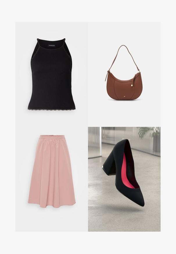 Melna ribota topiņa ar izšūtu mežģīņu apdari apakšmalā. Iezīmē plānas siksniņas un pielāgotu piegriezumu. Izgatavota no stiepjama auduma.; Rozā, līdz ceļgaliem gara svārku izgatavota no gludas auduma, ar saplacinātu jostu un krokoto dizainu. Gluds, bez papildu furnitūras vai rakstiem.; Melna augsta papēža kurpe ar smailu purngalu, teksturētu virsmu un dzīvespriecīgu rozā interjeru. Satur masīlu papēdi ar sudraba akcentu.; Brūns mākslīgās ādas pleca soma ar izliekta forma, minimāls šuvums un zelta toņa aparatūras akcenti. Aprīkota ar augšējo rāvējslēdzēju un regulējamu siksnu.