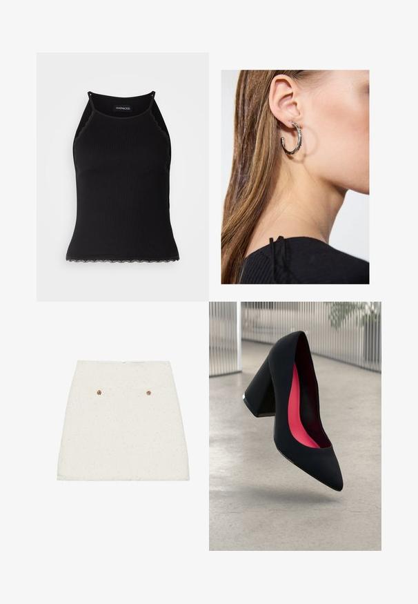 Top in maglia nera a coste con bordo in pizzo ondulato all'orlo. Presenta spalline sottili e un design aderente. Realizzato in tessuto elasticizzato.; Gonna mini in tweed bianco con finitura testurizzata, dotata di due tasche posteriori e dettagli in bottone dorato. L'orlo è leggermente sfilacciato.; Scarpa nera con tacco alto, punta affilata e tomaia texture. Interno con fodera rosa acceso. Tacco quadrato con accento metallico alla base.; Orecchino a cerchio in argento con finitura lucida, caratterizzato da piccoli dettagli in oro e una forma tondeggiante, indossato sul lobo.
