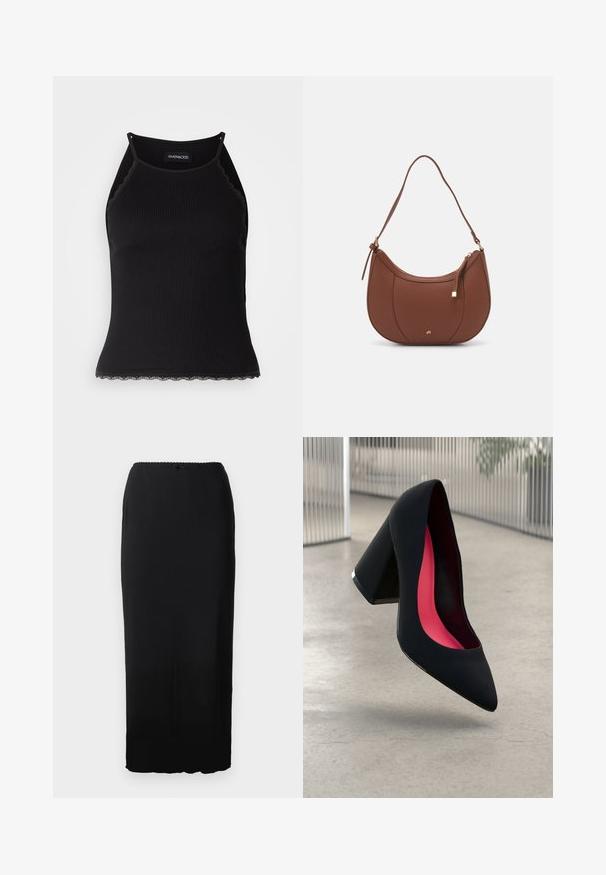 Črn rebrast top brez rokavov z valovitimi čipkastimi robovi na dnu. Ima tanke naramnice in oprijet kroj. Narejen je iz raztegljivega materiala.; Črna, dolga krila iz gladkega materiala. Ponaša se s preprostim dizajnom, elastičnim pasom in diskretnim valovitim robom na vrhu.; Črne visoke petke z nazobčanim prstom, teksturirano površino in živahnimi rožnatimi notranjimi deli. Imajo robustno peto z srebrnim akcentom.; Rjava usnjena torbica z ramenskim ročajem, ukrivljene oblike, minimalnim šivom in zlato-tonirano kovinsko dekoracijo. Ima zgornje zapiranje na zadrgo in nastavljiv trak.