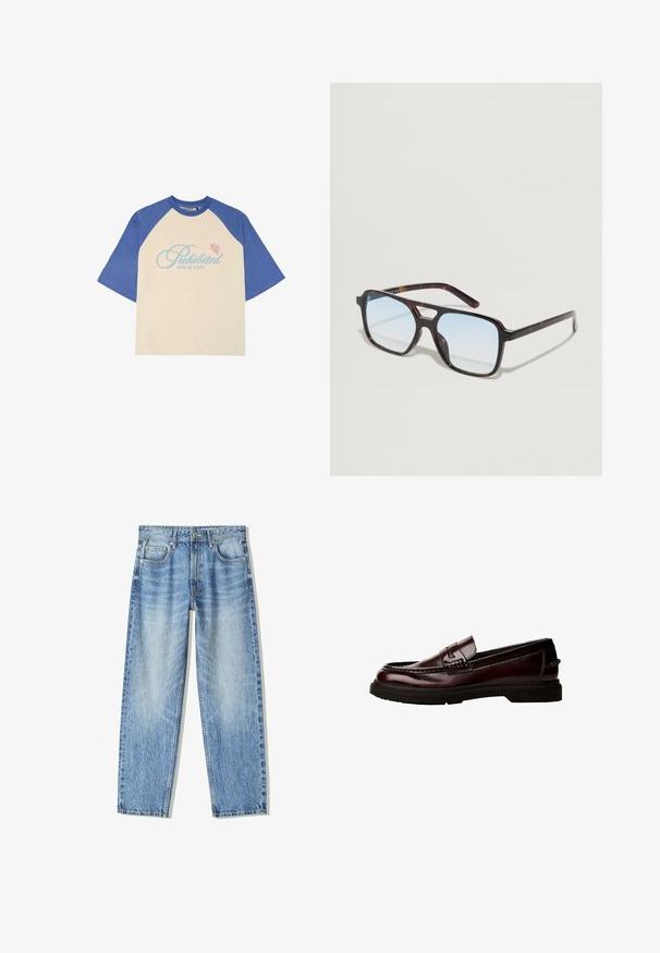 Vaalean beigen t-paita, jossa on siniset raglan-hihat, ja siinä on vaaleansiniset ja vaaleanpunaiset "Kielletty" sekä "Berlin Soho" -tekstin printit. Pehmeää puuvillakangasta.; Vaaleansinisiä farkkuja, joissa on väljä istuvuus, suoralahkeinen muotoilu, viisi taskua ja haalistunut pinta. Sisältää edessä napin ja vetoketjun.; Ruske nahkasaappaat pyöreällä varpaalla, yksityiskohtaisella ompeleella ja kumipohjalla. Ominaisuuksiin kuuluu koristeellinen hihna, sileä pinta.; Ruske tortoiseshell sunčane naočale s plavim lećama, kvadratnog oblika, s suptilnim dizajnom mosta. Lagani plastični okvir s elegantnim drškama.