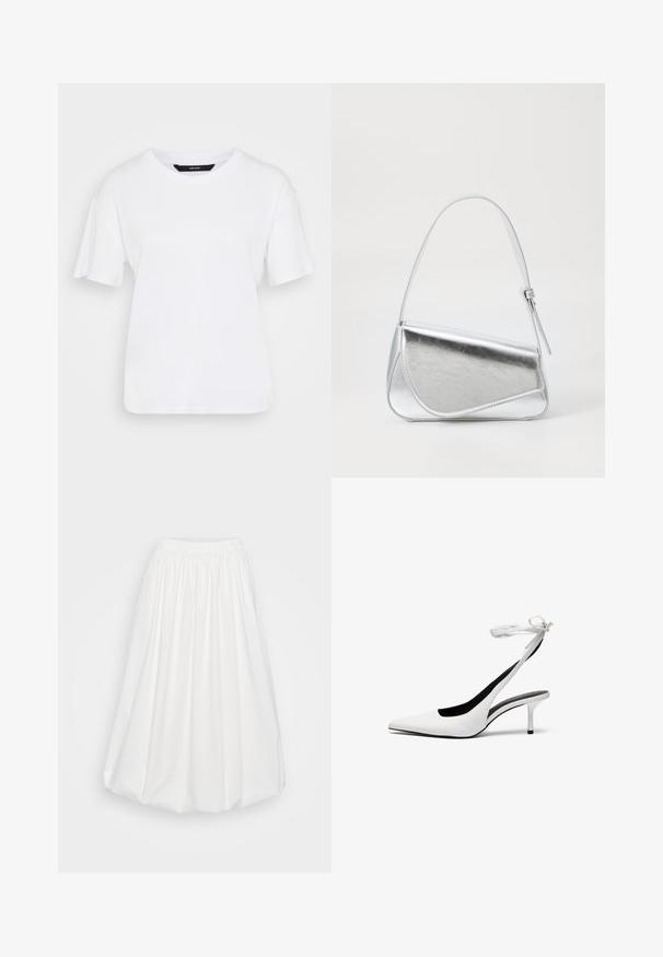 Fehér, rövid ujjú póló pamutból. Kerek nyakkivágással és laza fazonnal rendelkezik, egyszerű dizájnja van, látható minták vagy díszítések nélkül.; Fehér szoknya könnyű anyagból, rugalmas derékkal, redőzött részletekkel és tágas A-vonalú fazonnal.; Fehér, hegyes orrú, hátsó pánttal ellátott magassarkú cipők vékony boka pánttal. Finom bőrből készült, vékony tűsarkú, és fekete belső béléssel rendelkezik.; Ezüst fémes kézitáska háromszög alakú, sima felületű és vékony, állítható vállpánttal. Jellemzője a hajtott fedél, díszítéssel.