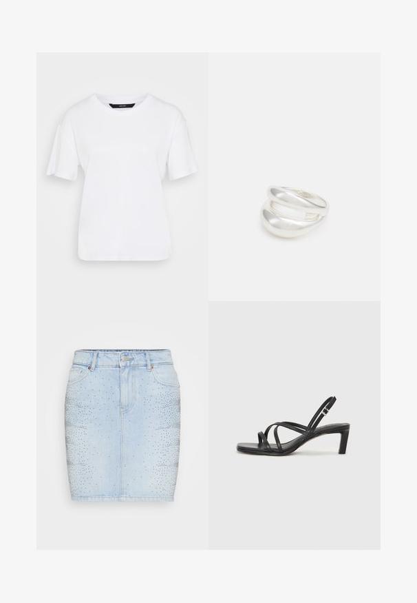 Balts īsās piedurknes T-krekls, izgatavots no kokvilnas. Ar apaļu kakla izgriezumu un brīvu piegriezumu, tam ir vienkāršs dizains bez redzamām rakstām vai akcentiem.; Gaiši zils džinsus svārku ar pieguļošu dizainu, vidēju jostas augstumu, un vienā pusē dekorēts ar sudraba kniedēm gradienta rakstā.; Melnas strappy sandales ar kvadrātveida purngaliem un zemu bloku papēdi. Ievērojamas ar vairākiem plāniem siksniņām un regulējamu potītes siksniņu. Izgatavotas no gludas ādas.; Sudraba divu joslu gredzens ar gludu, pulētu virsmu. Iezīmējas ar plūstošu, izliekta dizaina struktūru ar pārklājošām sekcijām modernam izskatam.