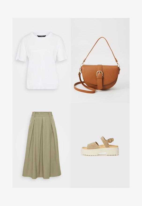 Bela kratka majica s kratkimi rokavi iz bombaža. Ima okroglo ovratnico in sproščen kroj, preprost dizajn brez vidnih vzorcev ali poudarkov.; Kaki plisirana krila iz lahkega materiala, z visokim pasom in čistimi linijami; ima subtilen lesk in brez vidnih okrascev.; Suede sandale v svetli bež barvi z širokim trakom in nastavljivim zaponko okoli gležnja. Masiven bel podplat z teksturiranim profilom za oprijem.; Rjava usnjena torbica prek telesa s ukrivljeno obliko, zlate opreme in sponko. Ima odstranljiv naramni trak.