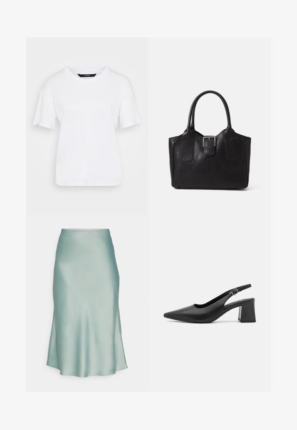 Biele tričko s krátkym rukávom vyrobené z bavlny. Má okrúhly výstrih a uvoľnený strih, s jednoduchým dizajnom a bez viditeľných vzorov alebo akcentov.; Svetlozelená saténová sukňa s hladkým povrchom, elegantným strihom a jemným rozparkom na jednej strane. Bez viditeľného kovania alebo vzorov.; Čierna kožená sandálová topánka na opätku s vyvýšeným špičatým prstom a robustným blokovým opätkom. Obsahuje nastaviteľný remienok s kovovou prackou.; Čierna kožená taška s hladkou textúrou, štruktúrovaným tvarom, dvoma uchami a výrazným strieborným prackovým detailom na prednej strane.; Strieborný prsteň s dvojitým pásikom s hladkým, lesklým povrchom. Má plynulý, zakrivený dizajn s prekryvajúcimi sa časťami pre moderný vzhľad.