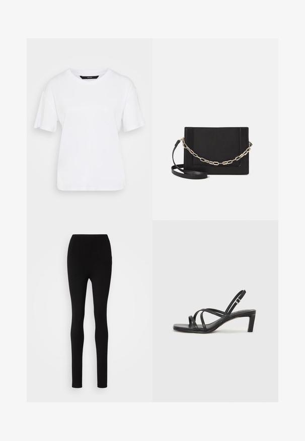 Bílé tričko s krátkým rukávem vyrobené z bavlny. Má kulatý výstřih a volný střih, s jednoduchým designem a bez viditelných vzorů nebo akcentů.; Černé legíny s úzkým střihem, vysokým pasem a hladkým materiálem. Žádné viditelné švy ani vzory, s jednoduchým a minimalistickým designem.; Černé sandály na tenkém podpatku se čtveratou špičkou a nízkým blokovým podpatkem. Mají několik tenkých popruhů a nastavitelné zapínání okolo kotníku. Vyrobeny z hladké kůže.; Černá kožená crossbody taška s hladkým povrchem, obdélníkovým tvarem a kovovým řetízkem na přední straně. Součástí je nastavitelný popruh.