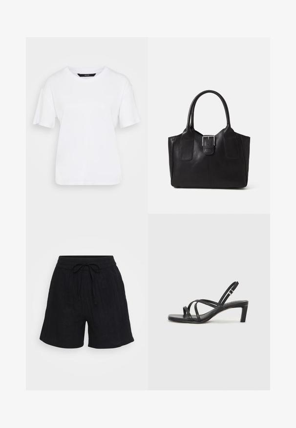 T-shirt blanc à manches courtes en coton. Présente un col rond et une coupe décontractée, avec un design simple et sans motifs ni accents visibles.; Shorts en lin noirs avec une taille élastique, cordon de serrage ajustable et texture verticale subtile. Coupe décontractée, longueur mi-thigh.; Sandale noire à lanières avec un bout carré et un petit talon bloc. Elle présente plusieurs fines lanières et une sangle de cheville ajustable. Fabriquée en cuir lisse.; Sac fourre-tout en cuir noir avec une texture lisse, une forme structurée, deux poignées et un détail en boucle argentée proéminent à l'avant.