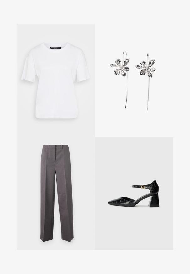 Balta trumpų rankovių marškinėliai, pagaminti iš medvilnės. Turi apvalų iškirpimą ir laisvą siluetą, su paprastu dizainu ir be matomų raštų ar akcentų.; Pilki pritaikyti kelnių modeliai, pagaminti iš tekstūruotos medžiagos, su tiesiomis kojomis, plokščiu priekiu ir diržo kilpos.; Juodos lakinės odos aukštakulniai batai su smailiu kumščiu, kulkšnies dirželiu ir tekstūruotu krokodilo raštu. Kvadratinis stulpelis.; Sidabrinės gėlių formos auskarai su tekstūruotu paviršiumi, turintys ilgas kabliuko formas ir žiedlapiams panašius detalizavimo elementus, sudarantys sudėtingą dizainą.; Sidabrinės gėlių formos auskarai su tekstūruotu paviršiumi, turintys ilgas kabliuko formas ir žiedlapiams panašius detalizavimo elementus, sudarantys sudėtingą dizainą.