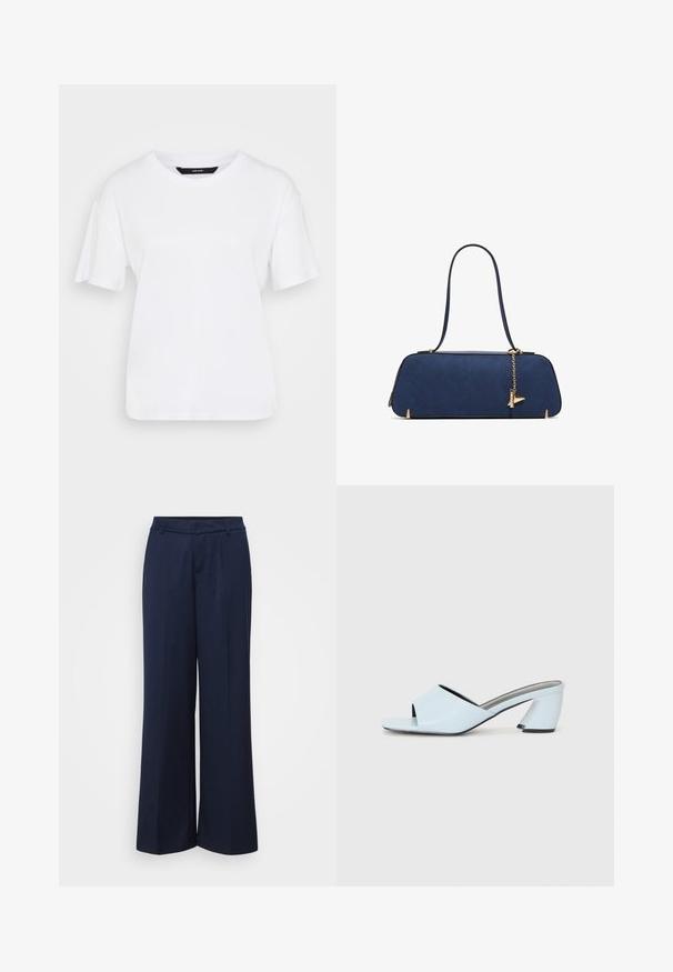 Valkoinen lyhythihainen t-paita, joka on valmistettu puuvillasta. Ominaisuuksiin kuuluu pyöreä kaula-aukko ja rento istuvuus, yksinkertainen muotoilu ilman näkyviä kuvioita tai korostuksia.; Laivastonsiniset leveälahkeiset housut, jotka on valmistettu sileästä kankaasta. Ominaisuuksiin kuuluu sileä etuosa, johon on lisätty laskokset, ja klassinen vyötärö, joka antaa muodollisen ilmeen.; Vaaleansiniset avointoimiset koroketossut, joissa on geometrista muotoilua, leveä remmi jalan yli ja paksu, kulmikas korko.; ALDO THALELI - Käsilaukku - navy