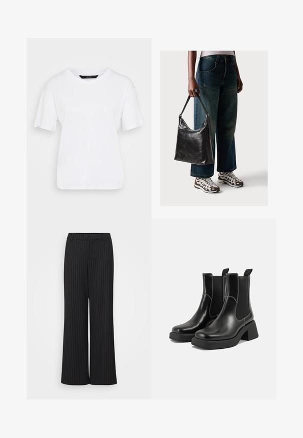 Valkoinen lyhythihainen t-paita, joka on valmistettu puuvillasta. Ominaisuuksiin kuuluu pyöreä kaula-aukko ja rento istuvuus, yksinkertainen muotoilu ilman näkyviä kuvioita tai korostuksia.; Mustat leveälahkeiset housut, joissa on valkoisia raitoja, valmistettu sileästä kankaasta. Niissä on tasainen vyötärö ja räätälöity muotoilu, joka tuo rakennetta kiharoiseen istuvuuteen.; Mustat nahkaiset Chelsea-kengät paksulla korolla, joustavilla sivupaneeleilla ja kontrastilla valkoisella ompelulla. Teksturoitu pinta.; Musta nahkainen olkalaukku, jossa on sileä pinta ja säädettävä hihna, yhdistettynä haalistuneisiin leveälahkeisiin farkkuihin ja urheilukenkien kanssa.