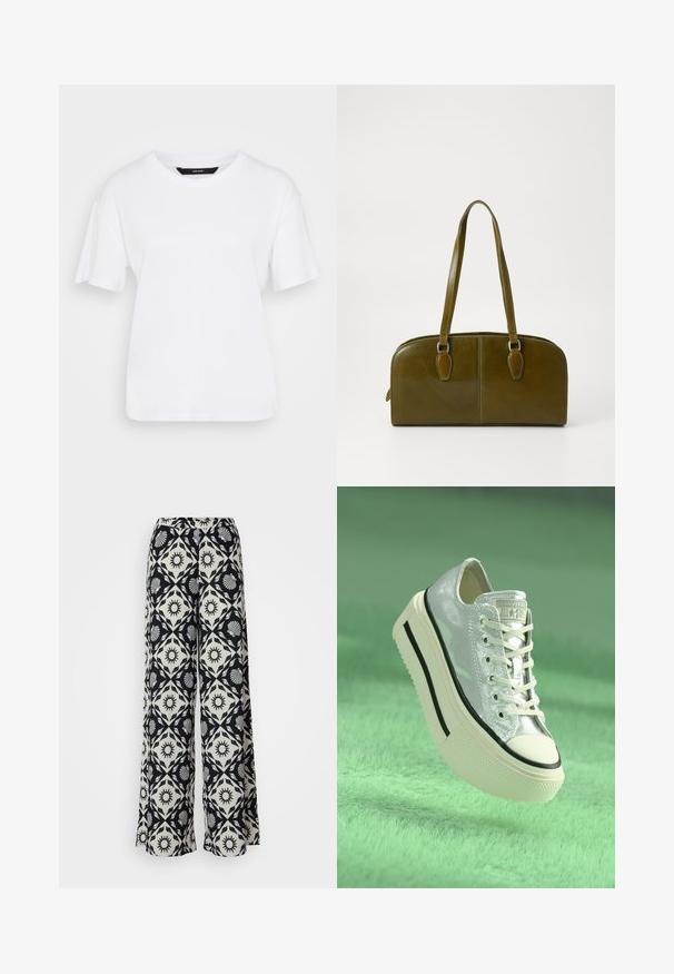 Tricou alb cu mânecă scurtă, fabricat din bumbac. Are un decolteu rotund și o croială lejeră, cu un design simplu și fără modele sau accente vizibile.; Pantaloni largi cu un model alb-negru, având motive cu soare și scoici. Fabricati dintr-un material ușor, cu un tiv confortabil.; Adidași metalici argintii cu talpă înălțată, șireturi albe și accente negre. Prezintă un vârf rotunjit și o talpă din cauciuc texturată.; Geantă de mână din piele verde măslinie, cu o formă rotundă, mânere duale și față fără cusături. Are o textură netedă și detalii de cusătură subtile.