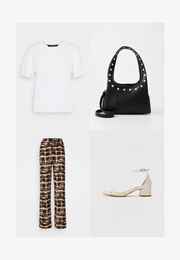 White short-sleeve t-shirt made of cotton. Features a round neckline and relaxed fit, with simple design and no visible patterns or accents.; Wide-leg trousers in a lightweight fabric featuring a black and beige abstract pattern. Adjustable drawstring waistband, relaxed fit.; Beige block-heeled sandal with a square toe. Features a slim ankle strap with a buckle, smooth leather-like texture, and a moderate heel height.; Black textured leather handbag with silver studs along the top edge and handles, featuring a short handle and a detachable strap.