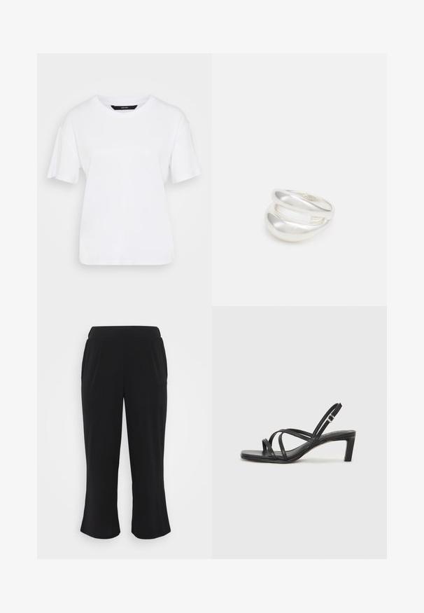 Weißes Kurzarm-T-Shirt aus Baumwolle. Es hat einen runden Ausschnitt und eine lockere Passform, mit einem schlichten Design ohne sichtbare Muster oder Akzente.; Schwarze, kurze Hosen aus einem glatten, strukturierten Stoff mit elastischem Bund und vorderer Faltenlegung. Gerade Beine enden leicht über dem Knöchel.; Schwarze Sandale mit Riemchen, quadratischer Zehenform und niedrigem Blockabsatz. Verfügt über mehrere dünne Riemen und einen verstellbaren Knöchelriemen. Hergestellt aus glattem Leder.; Silberner Doppelring mit einer glatten, polierten Oberfläche. Verfügt über ein fließendes, kurviges Design mit überlappenden Abschnitten für einen modernen Look.