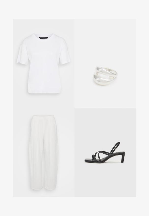 White short-sleeve t-shirt made of cotton. Features a round neckline and relaxed fit, with simple design and no visible patterns or accents.; White, loose-fitting pants with a relaxed silhouette, made of textured fabric. Features an elastic waistband and straight leg design.; Black strappy sandal with a square toe and a low block heel. Features multiple thin straps and an adjustable ankle strap. Made of smooth leather.; Silver double-band ring with a smooth, polished surface. Features a fluid, curved design with overlapping sections for a modern look.
