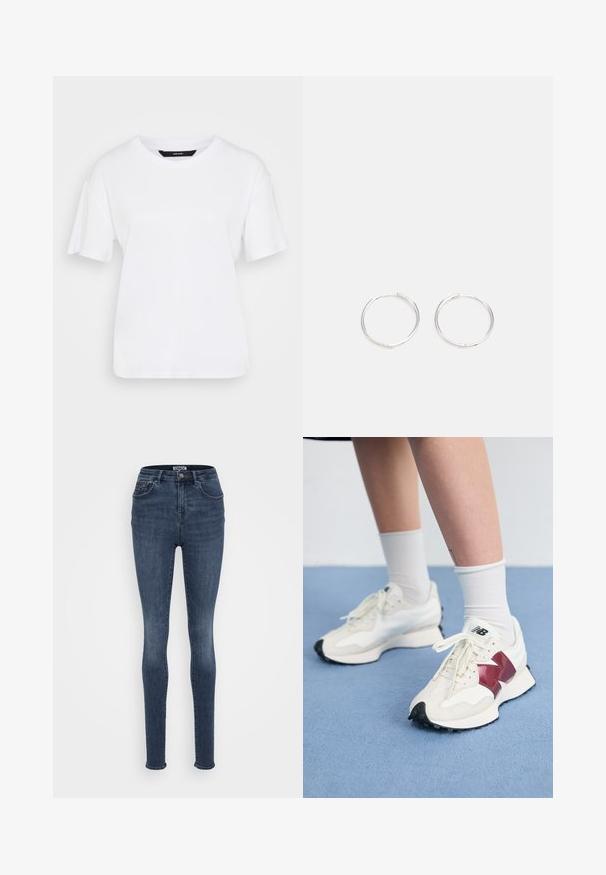 Fehér, rövid ujjú póló pamutból. Kerek nyakkivágással és laza fazonnal rendelkezik, egyszerű dizájnja van, látható minták vagy díszítések nélkül.; Sötétkék farmer skinny-fit farmernadrág közepes derékkal, elöl zsebekkel, egyetlen fémbotonos záródással és minimális kopással.; Fehér sneaker pár, bordó kiegészítőkkel, texturált panelekkel, lapos fekete talppal és világos fűzőkkel, fehér bokazoknival viselve.; Ezüst karika fülbevalók, letisztult, kerek formával, sima felülettel és látható díszítés nélkül. A átmérő nem megadott.