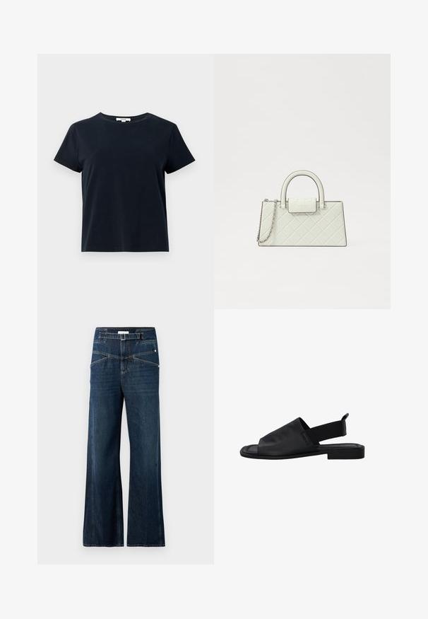 Donker marineblauwe korte mouwen T-shirt, gemaakt van zachte katoen, met een ronde halslijn en een ontspannen fit. Geen zichtbare patronen of accenten.; Wijdue jeans van donkerblauwe denim, met een hoge tailleband, twee voorzakken en contrasterende stiksel details.; Zwarte leren slingback sandaal met een elastische band, open teen en platte zool. Beschikt over een soepele textuur en minimalistisch design.; Gequilted witte handtas met een gestructureerd ontwerp, bovenhandvat, afneembare kettingsband en een verhoogd logo op de sluiting.