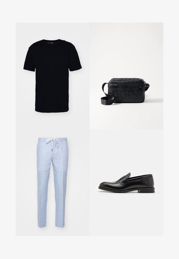 Lyhythihainen musta t-paita, joka on valmistettu puuvillasta. Siinä on pyöreä kaula-aukko ja klassinen leikkaus. Ei näkyviä kuvioita tai metallisia yksityiskohtia.; Vaaleansiniset pellavahousut suoralinjaisella leikkauksella, joissa on naruvyötärö ja sileä pinta. Ei näkyviä taskuja tai koriste-elementtejä.; Mustat nahkakengät, joissa on sileä pinta, pyöreä kärki ja koristeellinen nauha jalkapöydän yli. Matala pinoitu koroke, minimalistinen muotoilu.; Mustan olkalaukun kanssa tekstuurilla varustettu geometrinen kuvio, jossa on etupuolella vetoketjun tasku ja säädettävä olkahihna. Materiaali on synteettistä nahkaa.