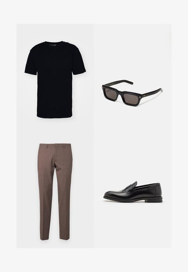 Black short-sleeve t-shirt made from cotton. Features a round neckline and a classic fit. No visible patterns or hardware accents.; Michael Kors LIGHT TRAVEL PANT - Suit trousers - frosted brown; Black leather loafers with a smooth texture, rounded toe, and a decorative strap across the vamp. Low stacked heel, minimalist design.; Black rectangular sunglasses with dark lenses, thick plastic frame, gold accents on temples, and brand logo engraved on the arm.