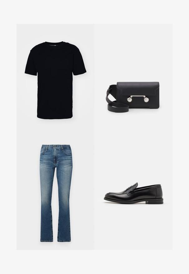 T-shirt preta de mangas curtas, feita de algodão. Apresenta um decote redondo e um corte clássico. Sem padrões visíveis ou acessórios metálicos.; Jeans de ganga flare em azul médio com um acabamento desbotado, apresentando um design clássico de cinco bolsos e detalhes em metal.; Mocassins de couro preto com uma textura suave, bico arredondado e uma faixa decorativa sobre o peito do pé. Salto baixo e empilhado, design minimalista.; Saco transversal em pele preta com fecho de aba, ferragens em tom prateado e dois acentos redondos. Apresenta uma alça destacável. Textura suave.