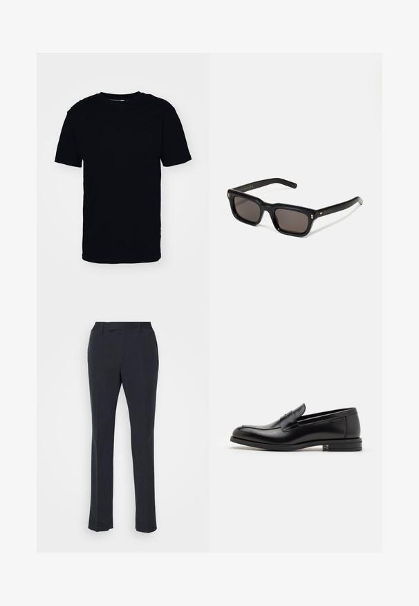 Zwarte korte mouwen t-shirt gemaakt van katoen. heeft een ronde halslijn en een klassieke pasvorm. Geen zichtbare patronen of hardware accenten.; Marineblauwe broek van een gladde stof, met een straight-leg ontwerp, voorzakken en een platte tailleband zonder zichtbare sluitingen.; Zwarte leren instappers met een gladde textuur, ronde neus en een decoratieve band over de wreef. Lage, gestapelde hak en minimalistisch ontwerp.; Zwarte rechthoekige zonnebril met donkere lenzen, een dik plastic montuur, gouden accenten op de veren en het merkembleem gegraveerd op de arm.