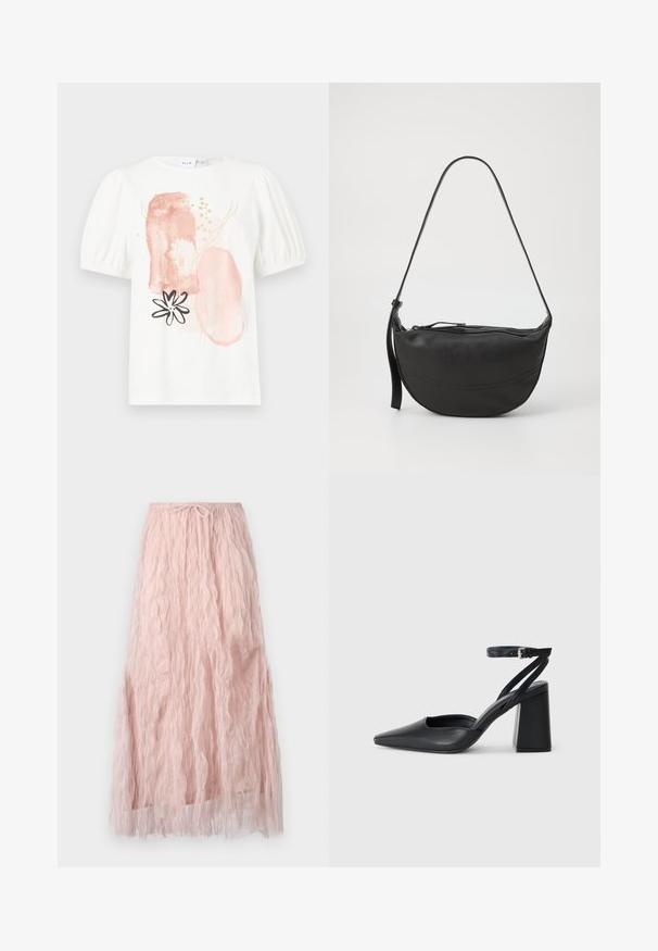 Fehér, rövid ujjú felső puffos vállakkal, absztrakt rózsaszín és arany mintákkal, valamint fekete virágmintával az elején.; Rózsaszín midi szoknya struktúrált, gyűrött anyagból, rugalmas derékkal és húzózsinór részlettel. Térd alatt végződik.; Fekete bőr, hegyes orrú magassarkú cipő boka pánttal és vastag sarokkal. Sima textúra, elegáns dizájn és minimális esztétika.; Fekete bőr válltáska ívelt formával, egyetlen pánttal, cipzáros zárással és diszkrét varrásokkal a táska testén.