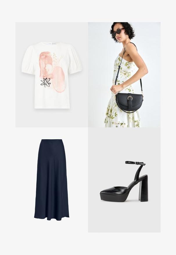 Fehér, rövid ujjú felső puffos vállakkal, absztrakt rózsaszín és arany mintákkal, valamint fekete virágmintával az elején.; Tengerészkék selyem maxi szoknya sima textúrával, magas derékkal és áramló szilüettel. A hemnél enyhe ívben végződik.; Fekete platform magassarkú cipők hegyes orral és állítható bokapánttal. Sima bőrből készült, vastag talppal.; Fekete bőrtáska ívelt formával, levehető pánttal és arany színű fémrészekkel. A táskán egy csattal díszített fedél található.