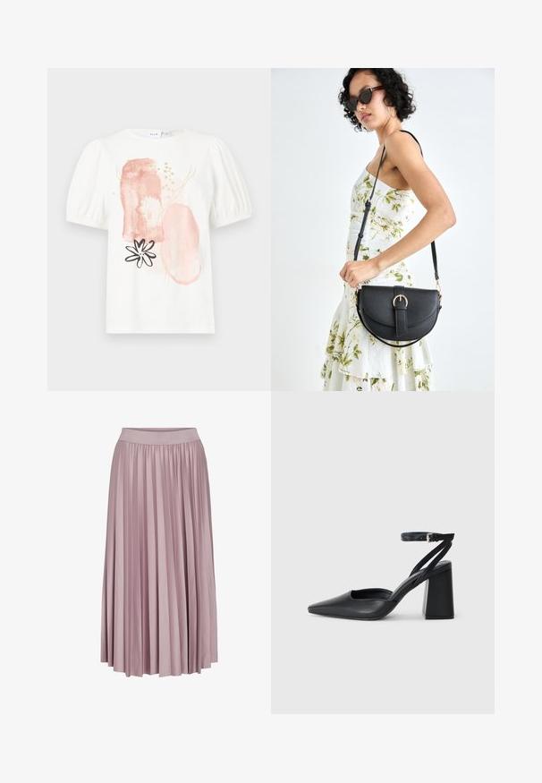 Fehér, rövid ujjú felső puffos vállakkal, absztrakt rózsaszín és arany mintákkal, valamint fekete virágmintával az elején.; Ráncolt hosszú szoknya puha rózsaszín anyagból, rugalmas derékkal. A sima textúra és az áramló dizájn hangsúlyozza az összhatást.; Fekete bőr, hegyes orrú magassarkú cipő boka pánttal és vastag sarokkal. Sima textúra, elegáns dizájn és minimális esztétika.; Fekete bőrtáska ívelt formával, levehető pánttal és arany színű fémrészekkel. A táskán egy csattal díszített fedél található.