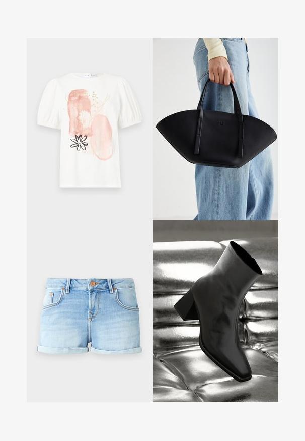Hvit topp med korte ermer og puffede skuldre, dekorert med abstrakte rosa og gullmønstre samt et svart blomstermotiv på forsiden.; Denimshorts i lyseblå med brettet kant, som har knappelåsing, fem lommer og subtil falming for tekstur.; Sorte ankelstøvler laget av blankt materiale med firkantet tå og avsmalnende hæl, plassert mot en glinsende sølvfarget tuftet bakgrunn.; Svart skinnveske med en unik vifteform, med flate håndtak. Overflaten har en pebblelignende tekstur og et minimalistisk design.