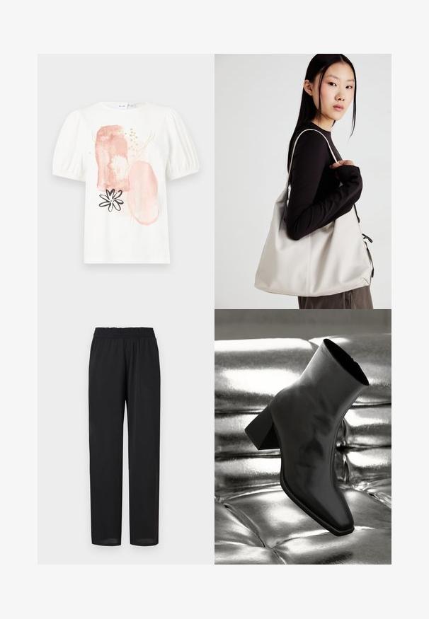 Top alb cu maneci scurte și umeri bufanți, decorat cu modele abstracte roz și aurii și un design de floare neagră pe față.; Pantaloni negri, ușori, cu o croială relaxată, având un tiv elastic și o textură fină. Picioarele drepte se îngustează ușor la tiv.; Cizme negre până la gleznă, realizate dintr-un material lucios, cu vârf pătrat și toc conic, plasate pe un fundal strălucitor de argint, cu un model tuftat.; Geantă bej din material moale, cu un design lejer, detalii cusute și două bretele pentru umăr. Potrivită pentru utilizarea zilnică.