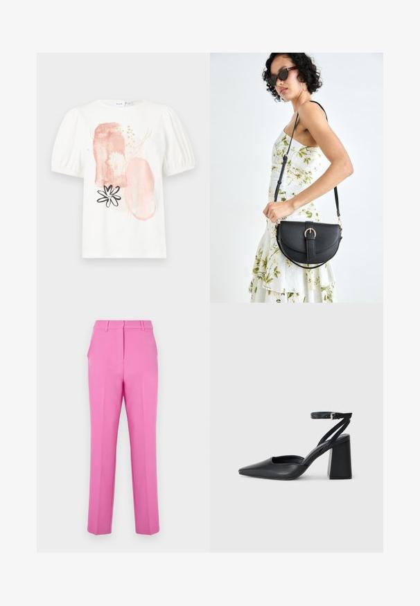 Biely krátky rukávový top s vypchatými ramenami, zdobený abstraktnými ružovými a zlatými vzormi a čiernym kvetinovým dizajnom na prednej strane.; Ružové upravené nohavice s hladkým povrchom, plochým predným dielom a bočnými vreckami. Disponujú priamym strihom a pútkami na opasok.; Čierne kožené lodičky s špicatou špičkou a členkovým remienkom, s masívnym podpätkom. Hladký povrch, elegantný dizajn a minimalistická estetika.; Čierna kožená kabelka s zaobleným tvarom, odnímateľným popruhom a zlatými doplnkami. Kabelka má klopu s detailom s prackou.
