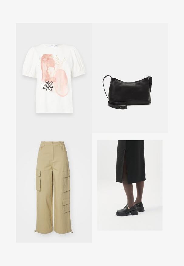 Fehér, rövid ujjú felső puffos vállakkal, absztrakt rózsaszín és arany mintákkal, valamint fekete virágmintával az elején.; Beige cargo nadrágok széles szabással, két nagy oldalsó zsebbel, elülső zsebekkel és húzózsinórral a szegélyen. Pamut keverék anyag.; Fekete bőr cipők lekerekített orral, vastag blokk sarkakkal és elasztikus oldalsó díszítésekkel, sötét harisnyával és hasítékkal ellátott fekete szoknyával párosítva.; Fekete bőr válltáska sima felülettel, ívelt formával, állítható pánttal és cipzáras záródással. Minimalista dizájn díszítmények nélkül.