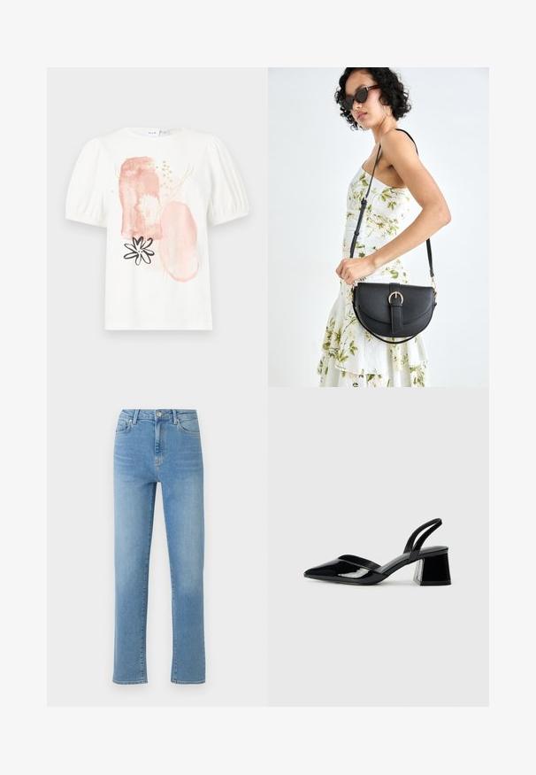 Hvit topp med korte ermer og puffede skuldre, dekorert med abstrakte rosa og gullmønstre samt et svart blomstermotiv på forsiden.; Lyseblå denimjeans med rett snitt, fem lommer og en falmet finish. Har metallknapp og glidelås i livet.; Svarte patentlær slingback hæler med spiss tå og geometrisk blokk hæl. Har et stilrent, minimalistisk design og jevn tekstur.; Svart lærveske med en buet form, avtagbar stropp og gullbeslag. Vesken har et klaff med spenne-detall.