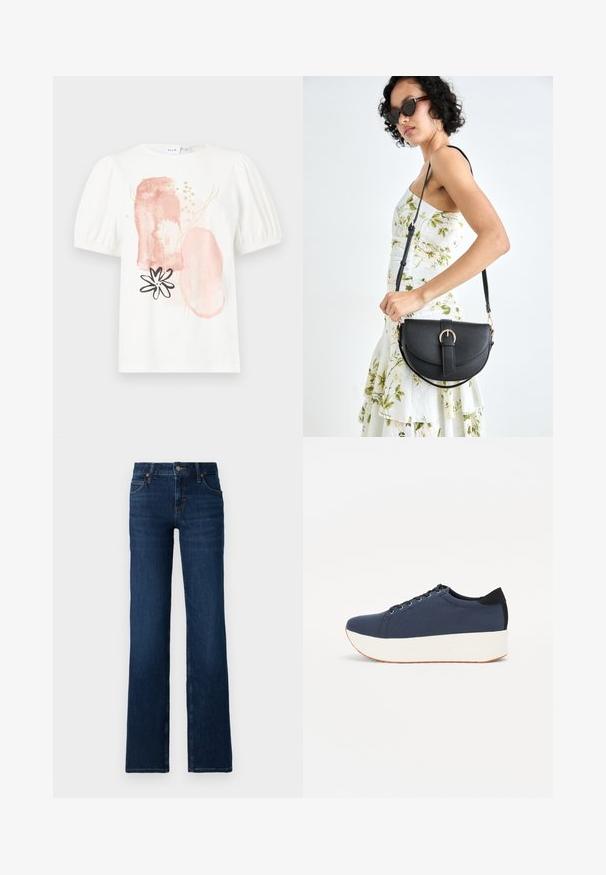 Top blanco de manga corta con hombros abullonados, que presenta patrones abstractos en rosa y dorado y un diseño de flor negra en la parte delantera.; Jeans acampanados de color azul oscuro, confeccionados en denim. Presentan una cintura cosida, cinco bolsillos y una cremallera con cierre de botón metálico.; Zapatilla de color azul marino con parte superior de tejido texturizado, suela de plataforma blanca, punta redondeada y acento en el talón negro. Cuenta con seis ojales para los cordones.; Bolso de piel negra con forma curva, correa desmontable y herrajes dorados. El bolso cuenta con una solapa con un detalle de hebilla.